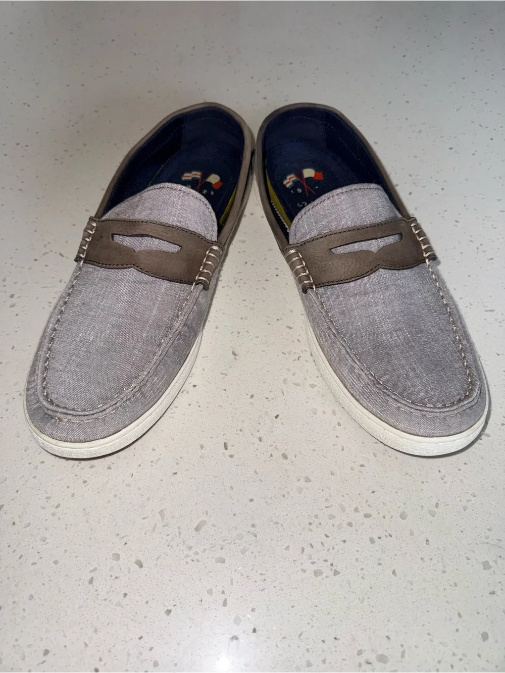 Cole Haan Gray Fabric Slip-On Loafers with Brown Trim